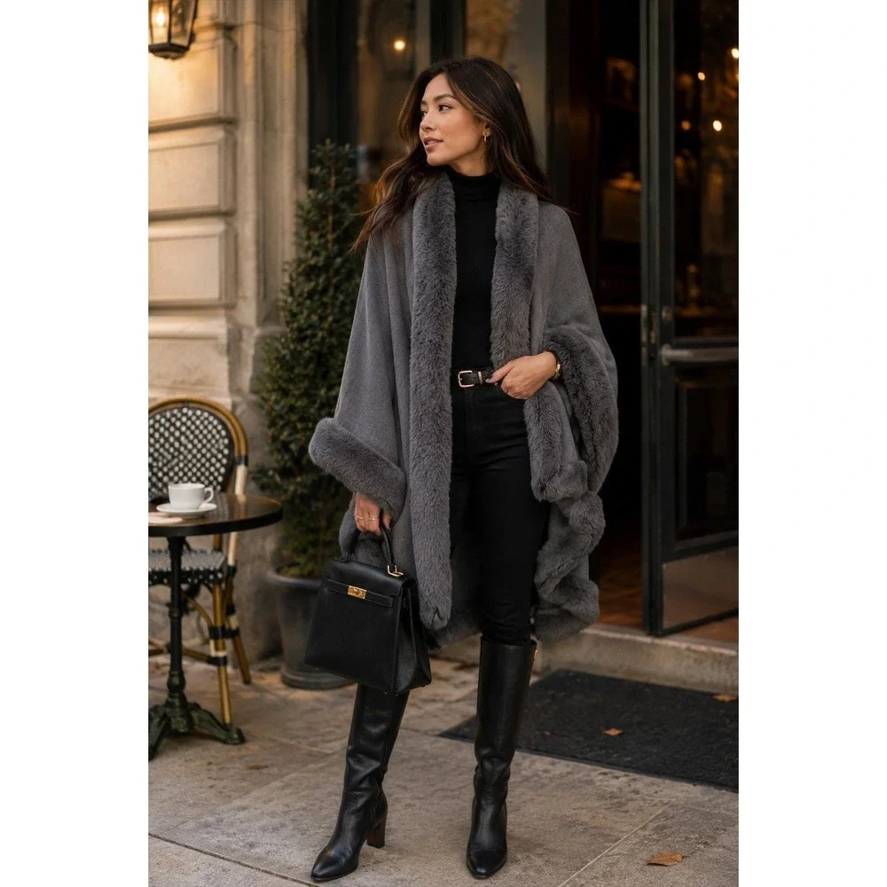 Luxury Faux Fur Trim Knit Poncho Wrap Shawl Cardigan One Size Dark Gray